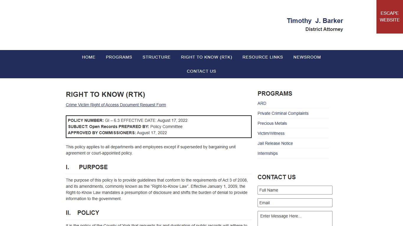 Right To Know (RTK) The Office of District Attorney of York County PA